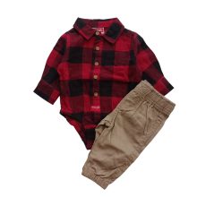 ست بادی پیراهنی آستین بلند چهارخانه قرمز و شلوار نوزادی رانگلر (Wrangler) آمریکا
