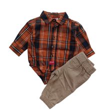 ست بادی پیراهنی آستین بلند چهارخانه نارنجی و شلوار نوزادی رانگلر (Wrangler) آمریکا