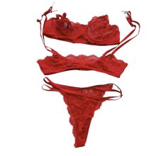 ست لباس زیر زنانه قرمز توری گیپور بنددار با شورت توری RSLOVE آمریکا